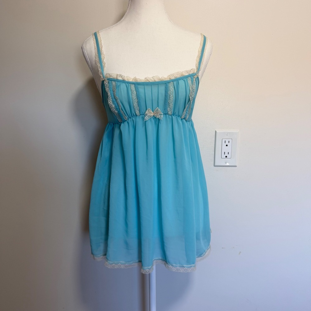 Victoria's Secret Lace Trim Babydoll Top Womens XS Blue Chiffon Lingerie